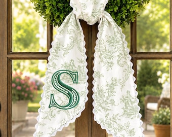 Custom Linen Wreath Ribbon with Monogram, Farmhouse Front Door Decor