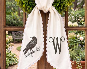 Personalized Raven Monogram Sash, Embroidered Black Crow Door Bow, Vintage Gothic Decor