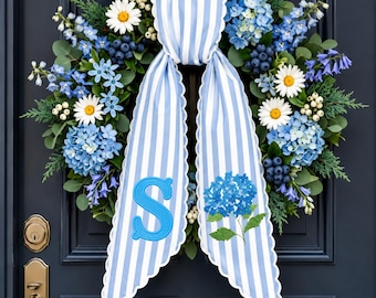 Personalized Blue Stripe Wreath Sash with Monogram, Hydrangea Embroidery Door Decor, Spring Summer Front Door Bow
