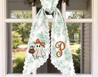Embroidered Ghost Toile Sash – Vintage Green Halloween Porch Decor