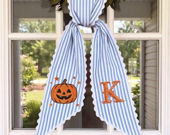 Embroidered Blue Stripe Sash – Halloween Pumpkin, Fall Leaf, Scalloped Lace Trim
