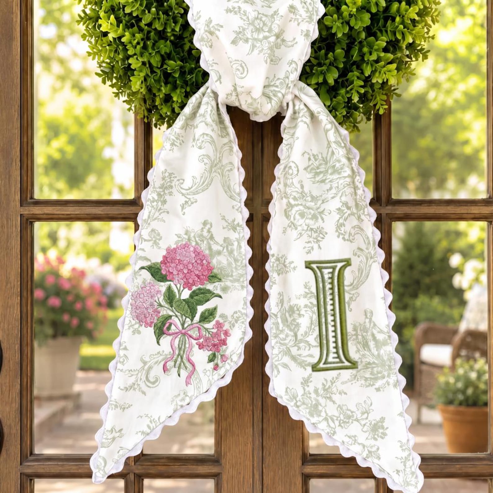 Personalized Floral Sash, Green Toile Front Door Decor, Custom Initial Wreath Bow, Elegant Grandmillennial Ribbon, Mother's Day Gift - Design + Monogram