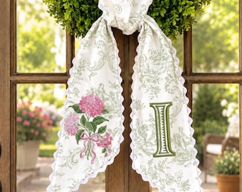 Personalized Floral Toile Sash, Green Monogram Door Decor, Elegant Spring Ribbon