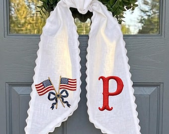 Personalized American Flag Wreath Sash, Embroidered Monogram Door Decor, Red Gingham Ribbon Accent