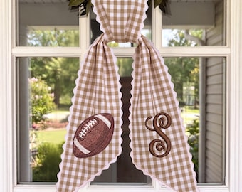 Tailgate Fall Porch Decor – Tan Checkered Sash with Embroidered Football & Custom Monogram Initial with Scalloped Edge Trim