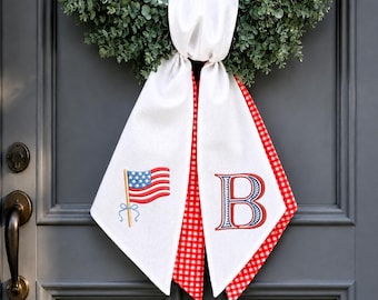 Patriotic Wreath Sash, Personalized Monogram Door Hanger, American Flag Front Door Decor, 4th of July Wreath Bow, Farmhouse Patriotic Decor