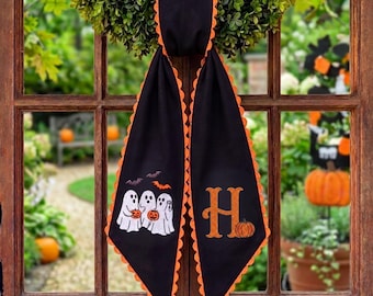 Personalized Halloween Sash, Embroidered Ghost Monogram Door Decor, Orange Scalloped Black Bow