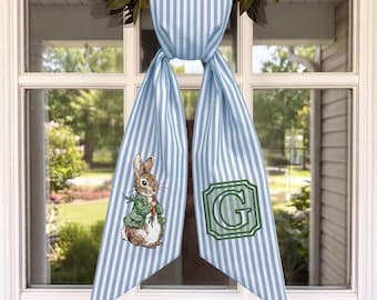 Custom Easter Door Sash – Striped Bunny Embroidery, Monogram Initial Home Décor