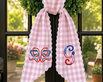 Personalized Patriotic Wreath Sash, Pink Gingham Door Bow, Embroidered Monogram Americana Front Door Decor, Fourth of July Wreath Ribbon