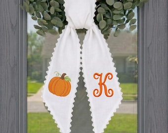 Custom Fall Door Sash, Pumpkin Monogram Decor, Thanksgiving Porch Bow