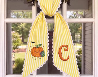 Embroidered Pumpkin Crayon Sash – Personalized Back to School Wreath Decor