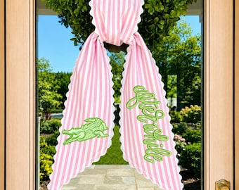 Personalized Pink Alligator Door Bow, Custom Embroidered Wreath Sash, Pink Stripe Front Door Decor, Preppy Scalloped Porch Bow