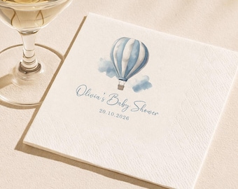 Custom Hot Air Balloon Napkins, Watercolor Blue Balloon Baby Shower Decor, Boy Birthday Party Favors, Up and Away Cocktail Napkin