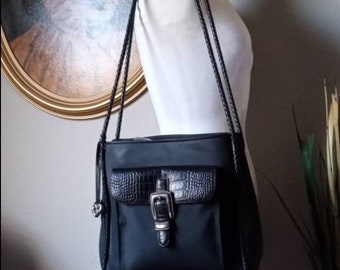Brighton Black Vinyl & Crocodile Embossed Messenger Shoulder Bag Purse.