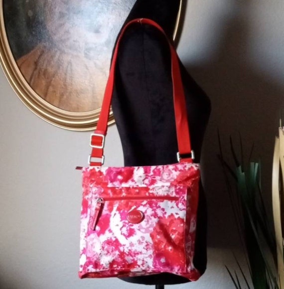 COACH Red & Pink Floral Nylon Crossbody Purse. 