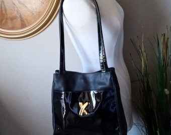 Vintage 80's PALOMA PICASSO Black Patent Leather Shoulder Bag Satchel Purse.