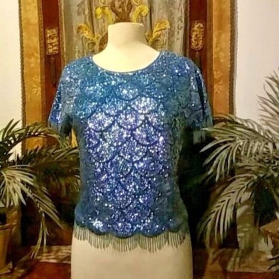 Vintage 50's JO RO BOUTIQUE beaded Dark Turquoise… - image 1