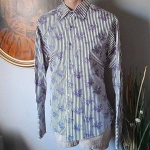 Vintage PAUL SMITH London Vertical Stripes & Purple Floral Design Dress Shirt. XL
