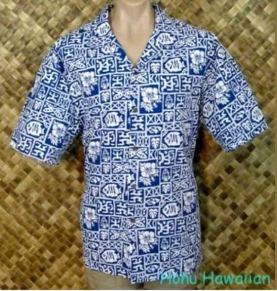 Mens HAWAIIAN Fish Floral Tapa Block Print Shirt … - image 1