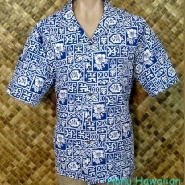 Mens HAWAIIAN Fish Floral Tapa Block Print Shirt - 2XL