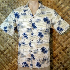 HAWAII BRAND mens Hawaiian Sailing Palm Island Print Shirt - Large