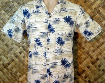HAWAII BRAND mens Hawaiian Sailing Palm Island Print Shirt - Large