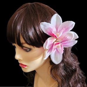 Elegant DOUBLE Orchid Hair Clip, Fabric Tropical Flower, Metal Clip