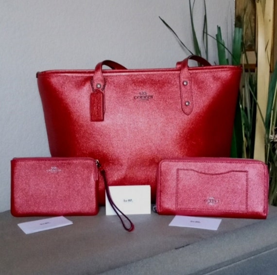 COACH 3pc Matching Large Red Metallic Tote, Walle… - image 1