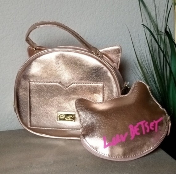 BETSY JOHNSON, Gold and Crystal Cat Backpack Betsey Johnson Medium Backpack Rose Gold Cat Face with Pom  main image 4
