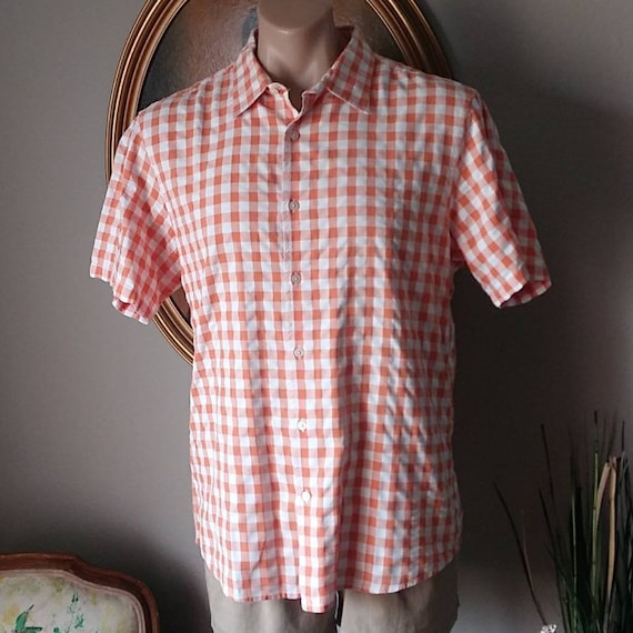 Vintage Michael Kors Mens Orange Plaid Short Sleeve Shirt. Large