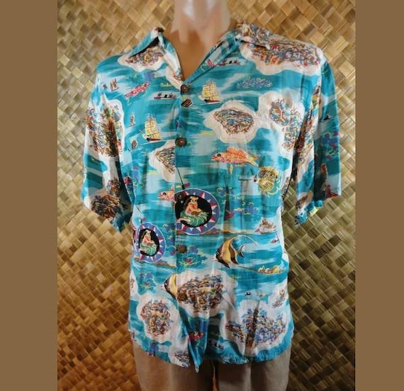GO BAREFOOT Mens Hawaiian King Kamehameha Wahini Fish Print Shirt Large 