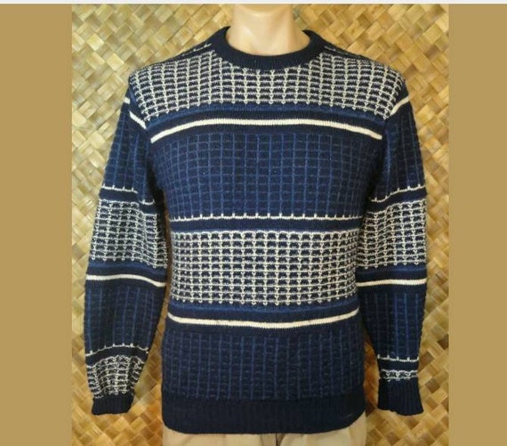 Jantzen Mens Blue Plaid Stripe Wool Blend Cardigan Sweater - Medium