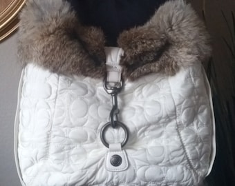 COACH White Signature C Quilted Nylon Rabbit Fur Trim Satchel