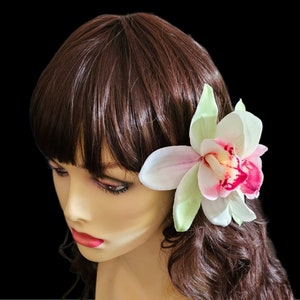 Elegant DOUBLE Orchid Hair Clip, Fabric Tropical Flower, Metal Clip