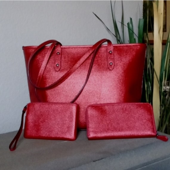 COACH 3pc Matching Large Red Metallic Tote, Walle… - image 2
