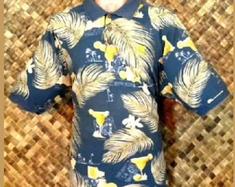 KAHALA mens Hawaiian Tropical Drinks Plumeria Foliage Print Pull Over Polo Shirt - XL