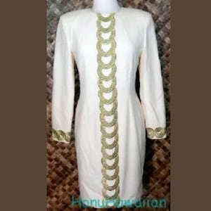 Vintage 1980s Chetta B / I MAGNIN Cream & Gold Sheath Dress MEDIUM image 1