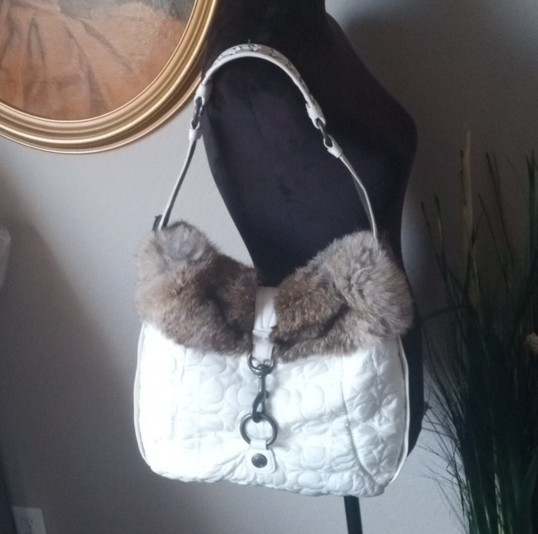 COACH White Signature C Quilted Nylon Rabbit Fur Trim Satchel COA! 