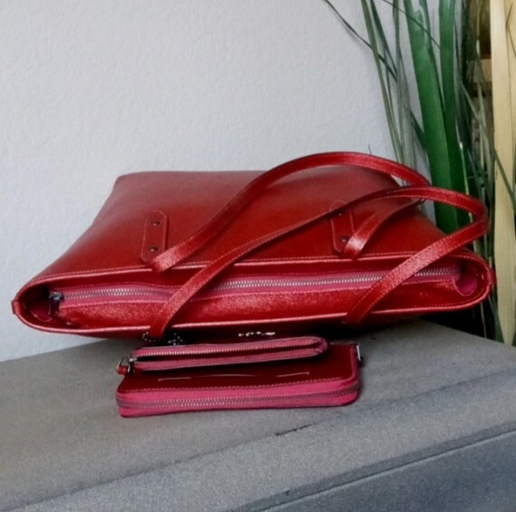 COACH 3pc Matching Large Red Metallic Tote, Walle… - image 4