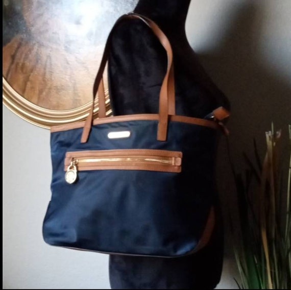 Michael Kors Nylon Tote Bag Shoulder Handbag Purse Black & Tan