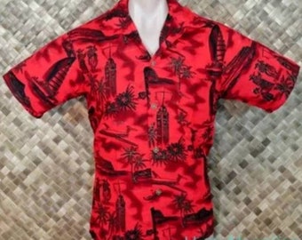 VLV - Vintage 50s MADE In HAWAII mens Tiki Palm Island Boat Print Shirt - Large