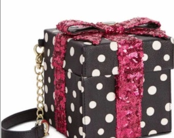 BETSEY JOHNSON Black White Polkadot Pink Sequin Bow Gift Box Crossbody Purse.