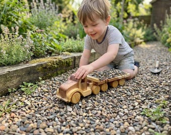 Natural Wood Toy Truck with Trailer, Montessori Construction Vehicle, Waldorf Play, Toddler Gift