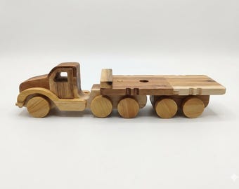 Wooden Toy Truck with Trailer, Montessori Wood Lorry, Natural Wood Construction Vehicle, Toddler Boy Gift, Open Ended Waldorf Toy