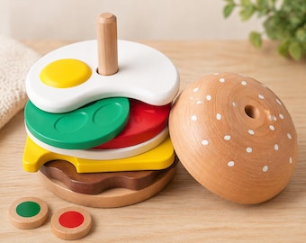 Hambúrguer de madeira empilhável | Quebra-cabeça Montessori de comida de faz-de-conta
