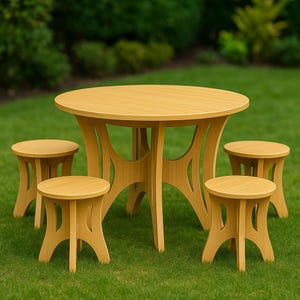 Może przedstawiać: Jasnobrązowy zestaw do jadalni na zewnątrz, składający się z okrągłego stołu i trzech pasujących stołków. Stół ma unikalny, zakrzywiony kształt nóg. Zestaw stoi na zielonym trawniku.