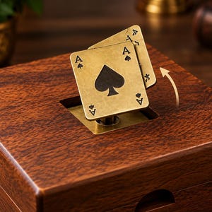 May include: A square wooden box with a dark brown wood grain finish featuring a brass mechanism on top. Two brass plates shaped like playing cards, each displaying an Ace of Spades, are attached to the center. A curved arrow graphic is visible.