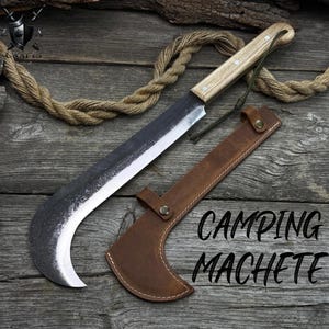 Heavy-Duty Camping Machete – Hand-Forged Carbon Steel Blade with Ash Wood Handle & Leather Sheath