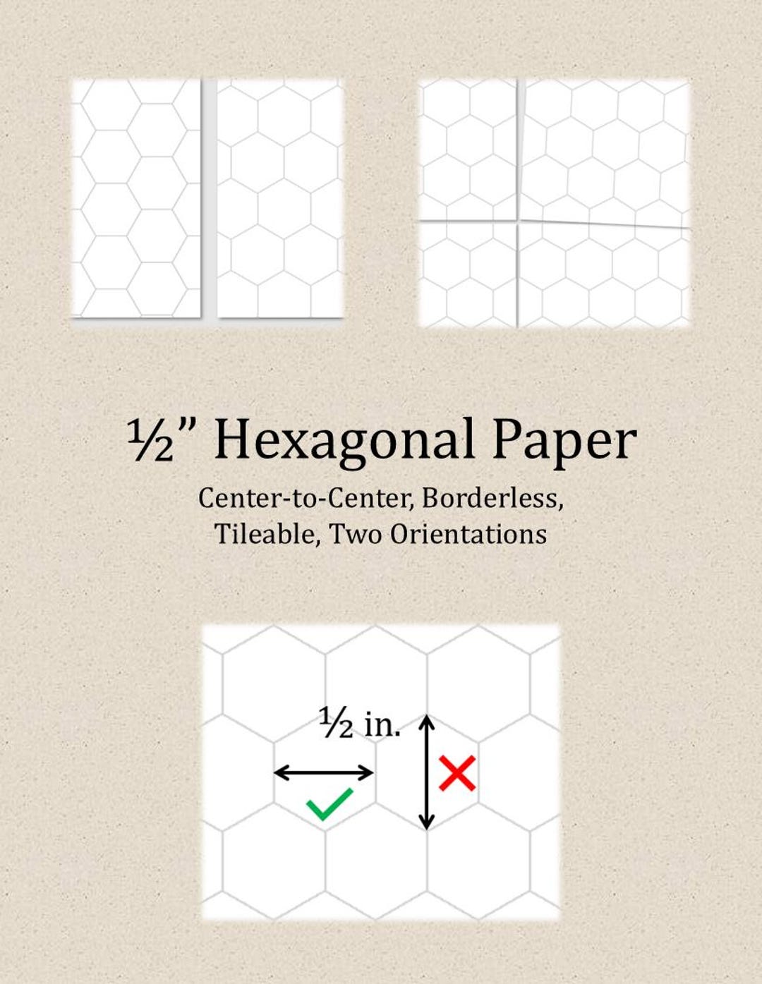 True 1/2-inch Hexagonal Graph Paper: Borderless, Tileable, Two ...