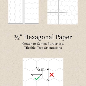 Puede incluir: Papel hexagonal blanco con un patrón de 1,27 cm, de centro a centro, sin bordes y embaldosable. La imagen muestra dos orientaciones. Texto: 1/2" Hexagonal Paper, Center-to-Center, Borderless, Tileable, Two Orientations.